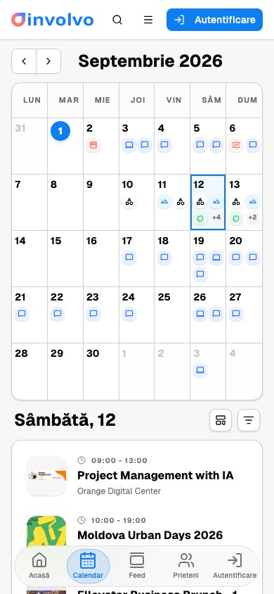 Calendarul lunar, cu câte o pastilă colorată în fiecare zi cu evenimente.