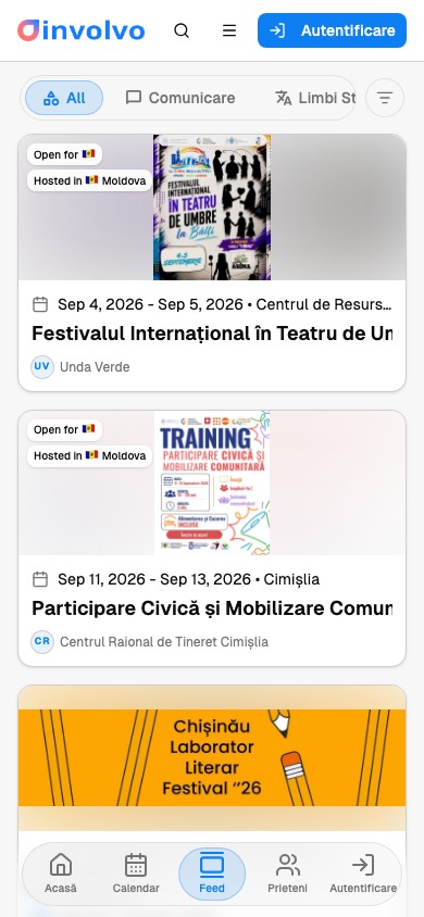Feedul aplicației, cu evenimentele viitoare și imaginile lor.